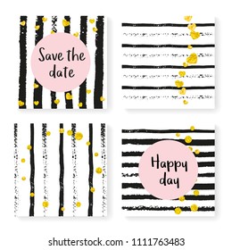 Wedding glitter confetti on stripes. Invitation set. Gold hearts and dots on black and white background. Template with wedding glitter for party, event, bridal shower, save the date card.