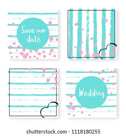 Wedding glitter confetti on stripes. Invitation set. Pink hearts and dots on mint and white background. Template with wedding glitter for party, event, bridal shower, save the date card.