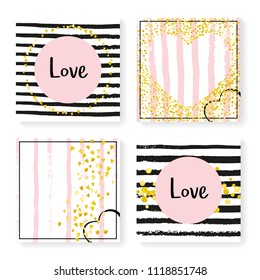 Wedding glitter confetti on stripes. Invitation set. Gold hearts and dots on black and pink background. Design with wedding glitter for party, event, bridal shower, save the date card.