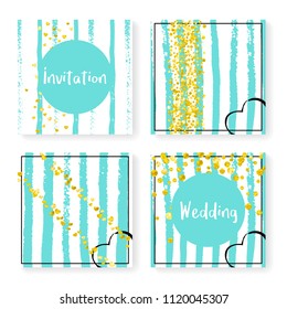 Wedding glitter confetti on stripes. Invitation set. Gold hearts and dots on mint and white background. Template with wedding glitter for party, event, bridal shower, save the date card.