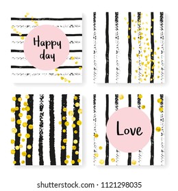 Wedding glitter confetti on stripes. Invitation set. Gold hearts and dots on black and white background. Design with wedding glitter for party, event, bridal shower, save the date card.