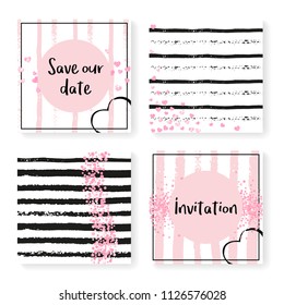 Wedding glitter confetti on stripes. Invitation set. Pink hearts and dots on black and pink background. Template with wedding glitter for party, event, bridal shower, save the date card.