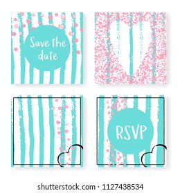 Wedding glitter confetti on stripes. Invitation set. Pink hearts and dots on mint and white background. Design with wedding glitter for party, event, bridal shower, save the date card.