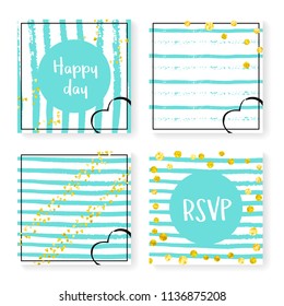 Wedding glitter confetti on stripes. Invitation set. Gold hearts and dots on mint and white background. Design with wedding glitter for party, event, bridal shower, save the date card.