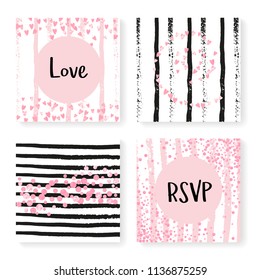 Wedding glitter confetti on stripes. Invitation set. Pink hearts and dots on black and pink background. Template with wedding glitter for party, event, bridal shower, save the date card.