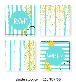 Wedding glitter confetti on stripes. Invitation set. Gold hearts and dots on mint and white background. Template with wedding glitter for party, event, bridal shower, save the date card.