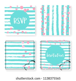 Wedding glitter confetti on stripes. Invitation set. Pink hearts and dots on mint and white background. Design with wedding glitter for party, event, bridal shower, save the date card.
