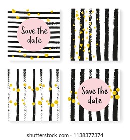 Wedding glitter confetti on stripes. Invitation set. Gold hearts and dots on black and white background. Template with wedding glitter for party, event, bridal shower, save the date card.