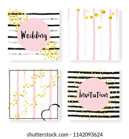 Wedding glitter confetti on stripes. Invitation set. Gold hearts and dots on black and pink background. Design with wedding glitter for party, event, bridal shower, save the date card.