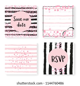 Wedding glitter confetti on stripes. Invitation set. Pink hearts and dots on black and pink background. Design with wedding glitter for party, event, bridal shower, save the date card.