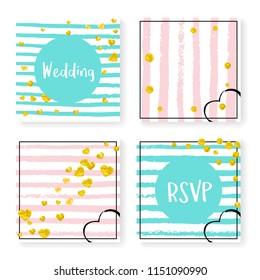 Wedding glitter confetti on stripes. Invitation set. Gold hearts and dots on pink and mint background. Template with wedding glitter for party, event, bridal shower, save the date card.