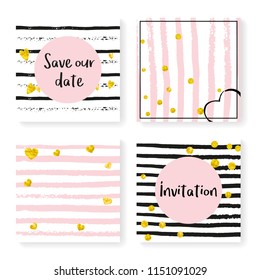 Wedding glitter confetti on stripes. Invitation set. Gold hearts and dots on black and pink background. Template with wedding glitter for party, event, bridal shower, save the date card.