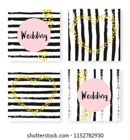 Wedding glitter confetti on stripes. Invitation set. Gold hearts and dots on black and white background. Design with wedding glitter for party, event, bridal shower, save the date card.