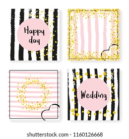 Wedding glitter confetti on stripes. Invitation set. Gold hearts and dots on black and pink background. Template with wedding glitter for party, event, bridal shower, save the date card.
