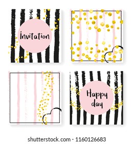 Wedding glitter confetti on stripes. Invitation set. Gold hearts and dots on black and pink background. Design with wedding glitter for party, event, bridal shower, save the date card.