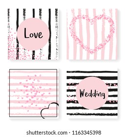 Wedding glitter confetti on stripes. Invitation set. Pink hearts and dots on black and pink background. Template with wedding glitter for party, event, bridal shower, save the date card.