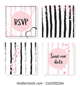 Wedding glitter confetti on stripes. Invitation set. Pink hearts and dots on black and pink background. Template with wedding glitter for party, event, bridal shower, save the date card.