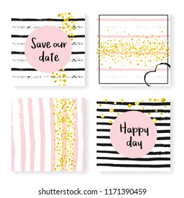 Wedding glitter confetti on stripes. Invitation set. Gold hearts and dots on black and pink background. Template with wedding glitter for party, event, bridal shower, save the date card.