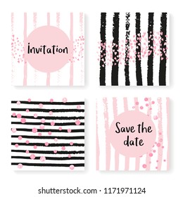 Wedding glitter confetti on stripes. Invitation set. Pink hearts and dots on black and pink background. Template with wedding glitter for party, event, bridal shower, save the date card.