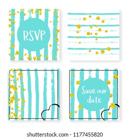 Wedding glitter confetti on stripes. Invitation set. Gold hearts and dots on mint and white background. Design with wedding glitter for party, event, bridal shower, save the date card.
