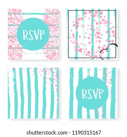 Wedding glitter confetti on stripes. Invitation set. Pink hearts and dots on mint and white background. Design with wedding glitter for party, event, bridal shower, save the date card.