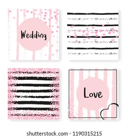 Wedding glitter confetti on stripes. Invitation set. Pink hearts and dots on black and pink background. Template with wedding glitter for party, event, bridal shower, save the date card.