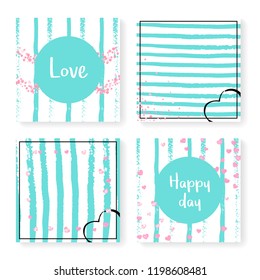 Wedding glitter confetti on stripes. Invitation set. Pink hearts and dots on mint and white background. Design with wedding glitter for party, event, bridal shower, save the date card.