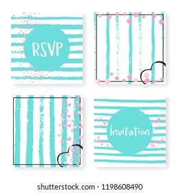 Wedding glitter confetti on stripes. Invitation set. Pink hearts and dots on mint and white background. Template with wedding glitter for party, event, bridal shower, save the date card.