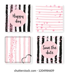 Wedding glitter confetti on stripes. Invitation set. Pink hearts and dots on black and pink background. Template with wedding glitter for party, event, bridal shower, save the date card.