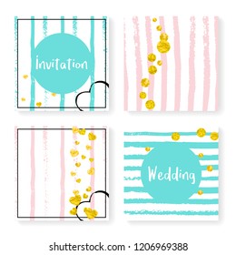 Wedding glitter confetti on stripes. Invitation set. Gold hearts and dots on pink and mint background. Template with wedding glitter for party, event, bridal shower, save the date card.