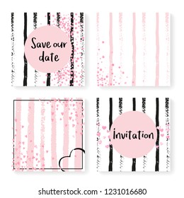 Wedding glitter confetti on stripes. Invitation set. Pink hearts and dots on black and pink background. Design with wedding glitter for party, event, bridal shower, save the date card.