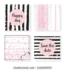 Wedding glitter confetti on stripes. Invitation set. Pink hearts and dots on black and pink background. Design with wedding glitter for party, event, bridal shower, save the date card.