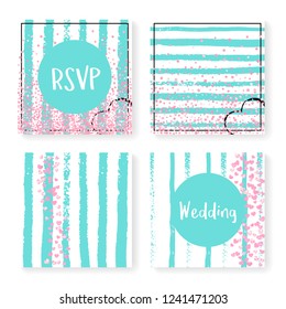Wedding glitter confetti on stripes. Invitation set. Pink hearts and dots on mint and white background. Design with wedding glitter for party, event, bridal shower, save the date card.