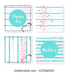 Wedding glitter confetti on stripes. Invitation set. Pink hearts and dots on mint and white background. Design with wedding glitter for party, event, bridal shower, save the date card.