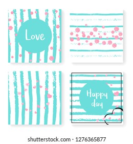 Wedding glitter confetti on stripes. Invitation set. Pink hearts and dots on mint and white background. Template with wedding glitter for party, event, bridal shower, save the date card.