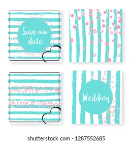 Wedding glitter confetti on stripes. Invitation set. Pink hearts and dots on mint and white background. Template with wedding glitter for party, event, bridal shower, save the date card.