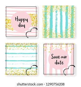 Wedding glitter confetti on stripes. Invitation set. Gold hearts and dots on pink and mint background. Template with wedding glitter for party, event, bridal shower, save the date card.