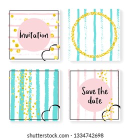 Wedding glitter confetti on stripes. Invitation set. Gold hearts and dots on pink and mint background. Design with wedding glitter for party, event, bridal shower, save the date card.