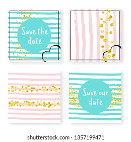 Wedding glitter confetti on stripes. Invitation set. Gold hearts and dots on pink and mint background. Template with wedding glitter for party, event, bridal shower, save the date card.