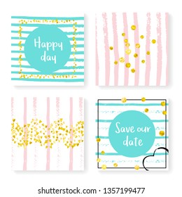 Wedding glitter confetti on stripes. Invitation set. Gold hearts and dots on pink and mint background. Template with wedding glitter for party, event, bridal shower, save the date card.