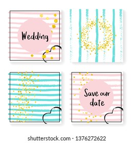 Wedding glitter confetti on stripes. Invitation set. Gold hearts and dots on pink and mint background. Template with wedding glitter for party, event, bridal shower, save the date card.