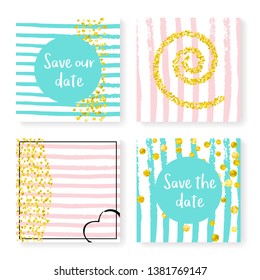 Wedding glitter confetti on stripes. Invitation set. Gold hearts and dots on pink and mint background. Design with wedding glitter for party, event, bridal shower, save the date card.