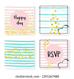 Wedding glitter confetti on stripes. Invitation set. Gold hearts and dots on pink and mint background. Design with wedding glitter for party, event, bridal shower, save the date card.