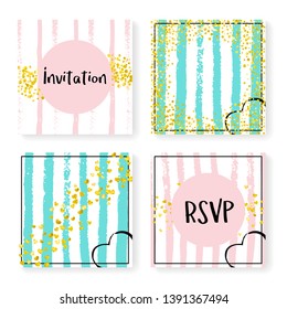 Wedding glitter confetti on stripes. Invitation set. Gold hearts and dots on pink and mint background. Template with wedding glitter for party, event, bridal shower, save the date card.