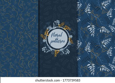 Wedding gold and blue seamless pattern set with hand drawn flowers. Vector illustration