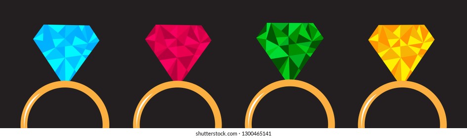 Wedding gold diamond ring set line. Blue, pink, green, yellow color. Polygonal effect. Flat design. Love wedding atribute. Black background. Isolated. Vector illustration