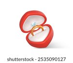 Wedding gold ring with diamond in red case. Engagement ring with precious stone in open box. Accessory for marriage proposal. Vector illustration