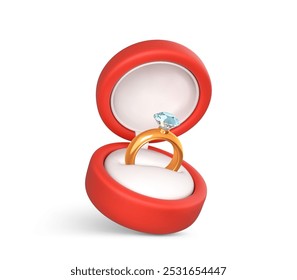 Anillo de oro Boda con diamante en caja roja. Anillo de compromiso con piedra preciosa en caja abierta. Accesorio para propuesta de matrimonio. Ilustración vectorial