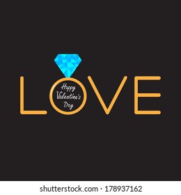 Wedding  gold ring with polygonal blue diamond. Word love. Valentines day card. Vector illustration.