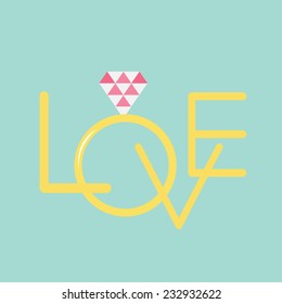 Wedding gold ring with polygonal pink diamond. Word love Flat design Vector illustration